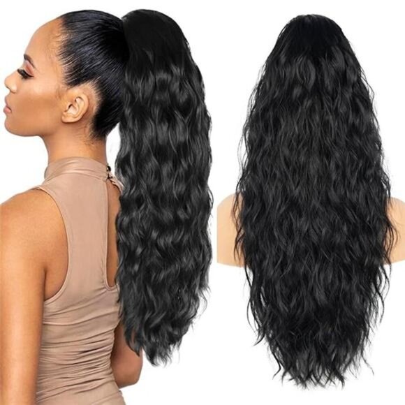26 inch Black Ponytail Extension, Drawstring Ponytail for Women, Long Wavy Pony - Picture 4 of 7